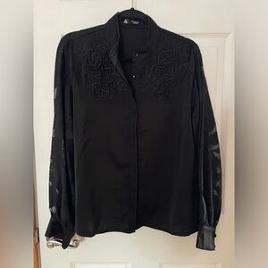 Anewsta Black Mock Neck Lace Trim Sheer Sleeve Blouse